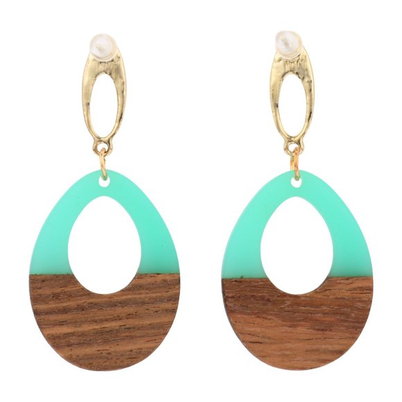 Teal Wooden Geometric Teardrop Earrings - Acrylic Resin Lightweight Wood - Picture 4 of 5